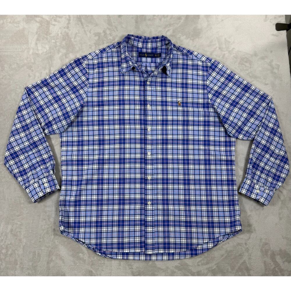Polo Ralph Lauren Men’s XXL Blue Plaid Button Front Oxford Shirt Pony Logo